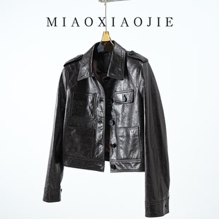 欧洲站高端油蜡小羊皮真皮皮衣女短款2026春新款小个子皮夹克外套