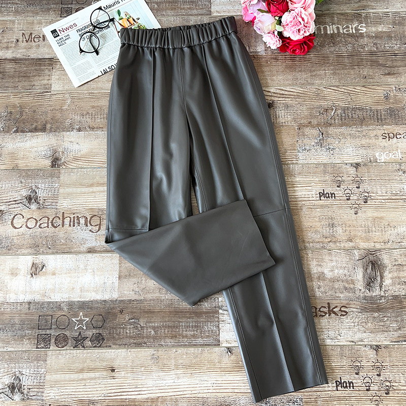 欧洲站2025秋冬新款小羊皮真皮高腰松紧腰皮裤女长裤九分皮裤子,女装/女士精品,休闲裤,淘宝优惠券,粉丝福利购,淘宝优惠卷