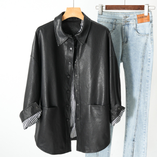 宽松外套2025春秋新海宁皮衣 领韩版 植鞣皮头层绵羊皮女中长款 衬衫