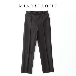 可穿 松紧腰绵羊皮外穿紧身女直筒裤 真皮弹力裤 显瘦修身 皮裤 三季