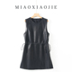 欧洲站植鞣真皮连衣裙女收腰显瘦绵羊皮中长款 皮裙背心裙2025新款