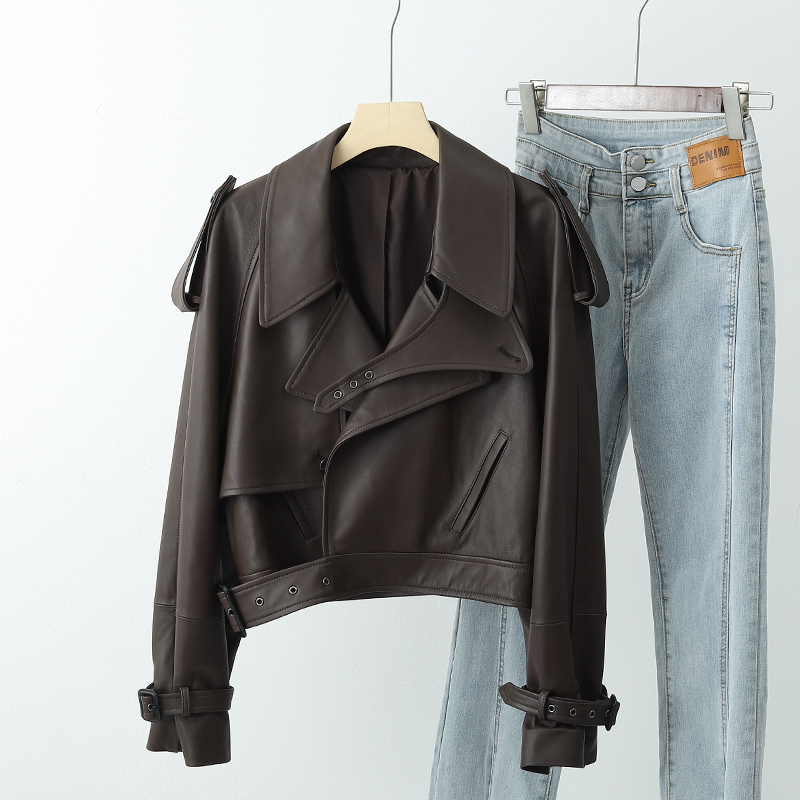宽松走秀款短款真皮皮衣