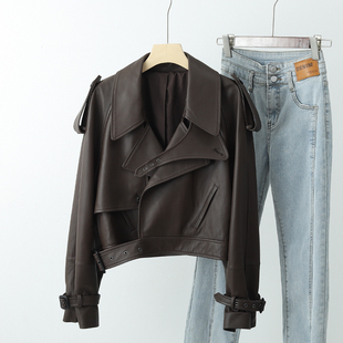 外套 宽松休闲真皮皮衣女绵羊皮夹克廓肩机车短款 2025新款 走秀款