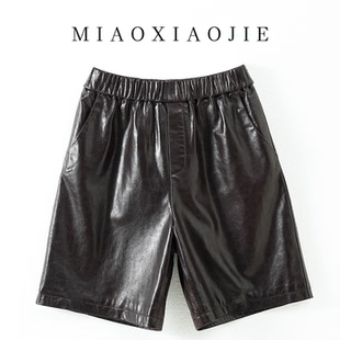 女 中裤 高级感欧洲站油蜡羊皮皮2025春秋新款 五分高腰真皮皮短裤