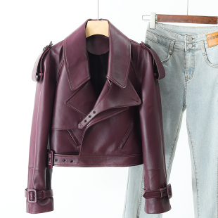 外套 宽松休闲真皮皮衣女绵羊皮夹克廓肩机车短款 欧洲站 走秀款
