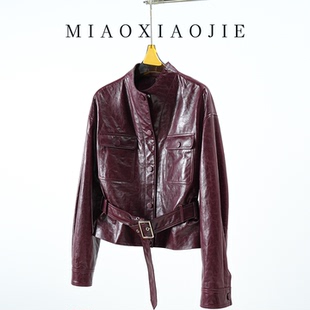 皮夹克 红色真皮皮衣2026春新款 王珞丹同款 高级感油蜡羊皮束腰工装