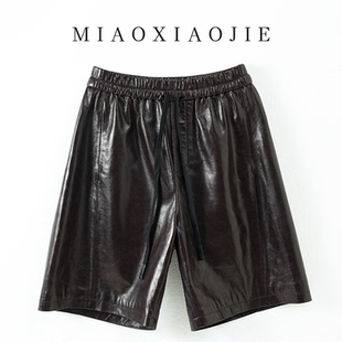 阔腿裤 高级感欧洲站油蜡羊皮2025新款 中裤 高腰真皮皮短裤 女 五分裤