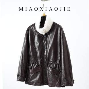 欧货水貂毛领油蜡绵羊皮鹅绒真皮羽绒服女中长款2026冬新款皮外套