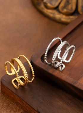 欧美钛钢镀金几何多层戒指