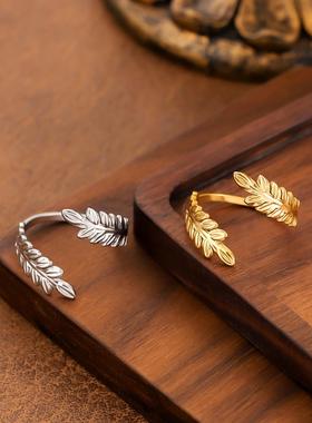 法式复古不锈钢树叶戒指