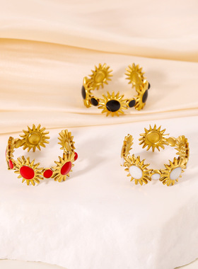 欧美风18K金太阳花滴釉戒指