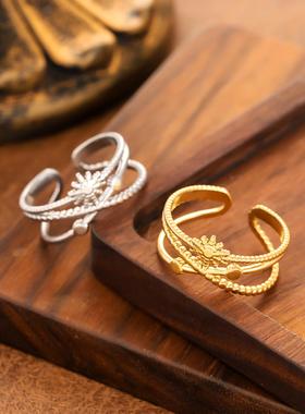 复古太阳花镀金钛钢女戒