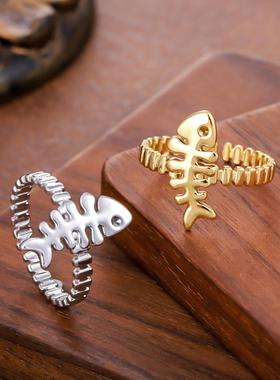 Q版鱼骨小鱼可调戒指镀金饰品