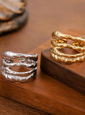 欧美简约不规则镀金钛钢戒指