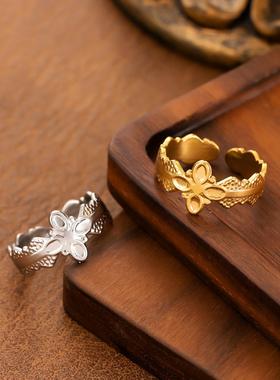 欧美钛钢饰品复古优雅花朵戒指女油压开口气质时尚高级食指指环