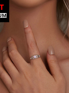 百搭新款粉色澳宝花纹镂空戒指s925纯银镀白金锆石简约指环饰品女