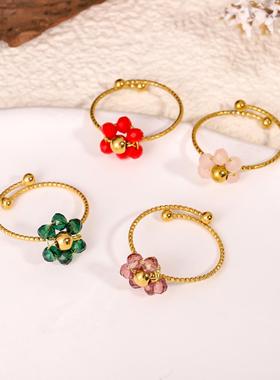 欧美镂空穿珠花朵开口戒指