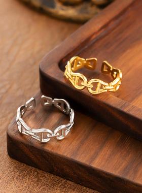 跨境链扣戒指女金色不掉色可调节