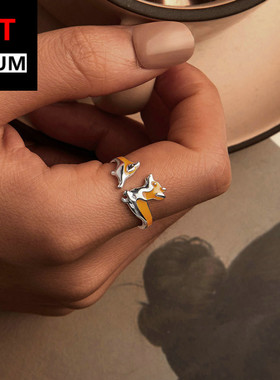 百搭原创可爱调皮柯基宠物开口戒s925纯银镀白金可调节戒指饰品女