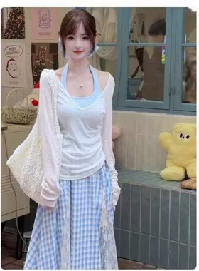 清纯系夏日穿搭套装女独特绝美长袖t恤蓝色挂脖背心半身裙三件套