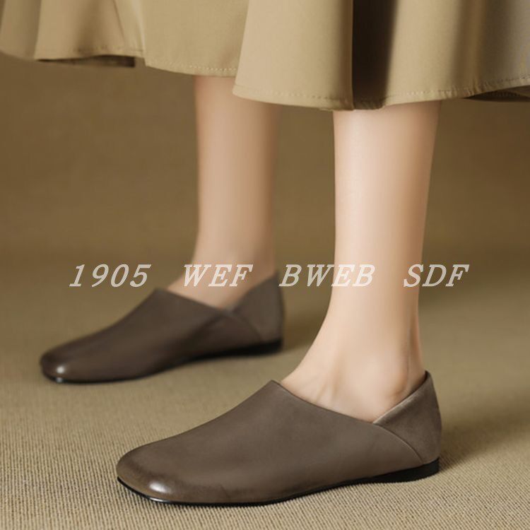 羊皮版  1905简约风真皮深口单鞋女平跟方头一脚蹬舒适百搭奶奶鞋