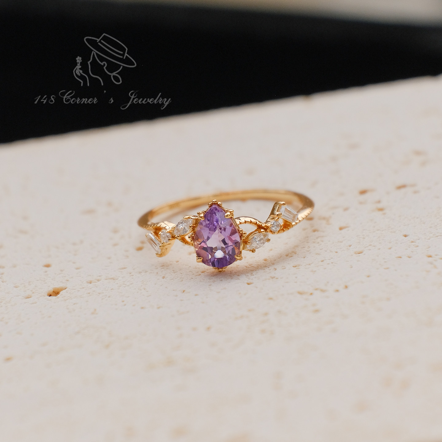 薰衣草晨露 优雅气质个性天然紫水晶白锆石925纯银镀K金戒指环