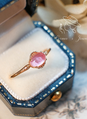 粉黛 日系轻奢复古百搭气质白蝶贝壳粉琉璃石925银镀金椭圆戒指环