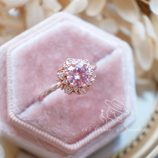 致爱丽丝 法式甜美复古玫瑰切粉色莫桑钻立体花朵925银开口戒指环