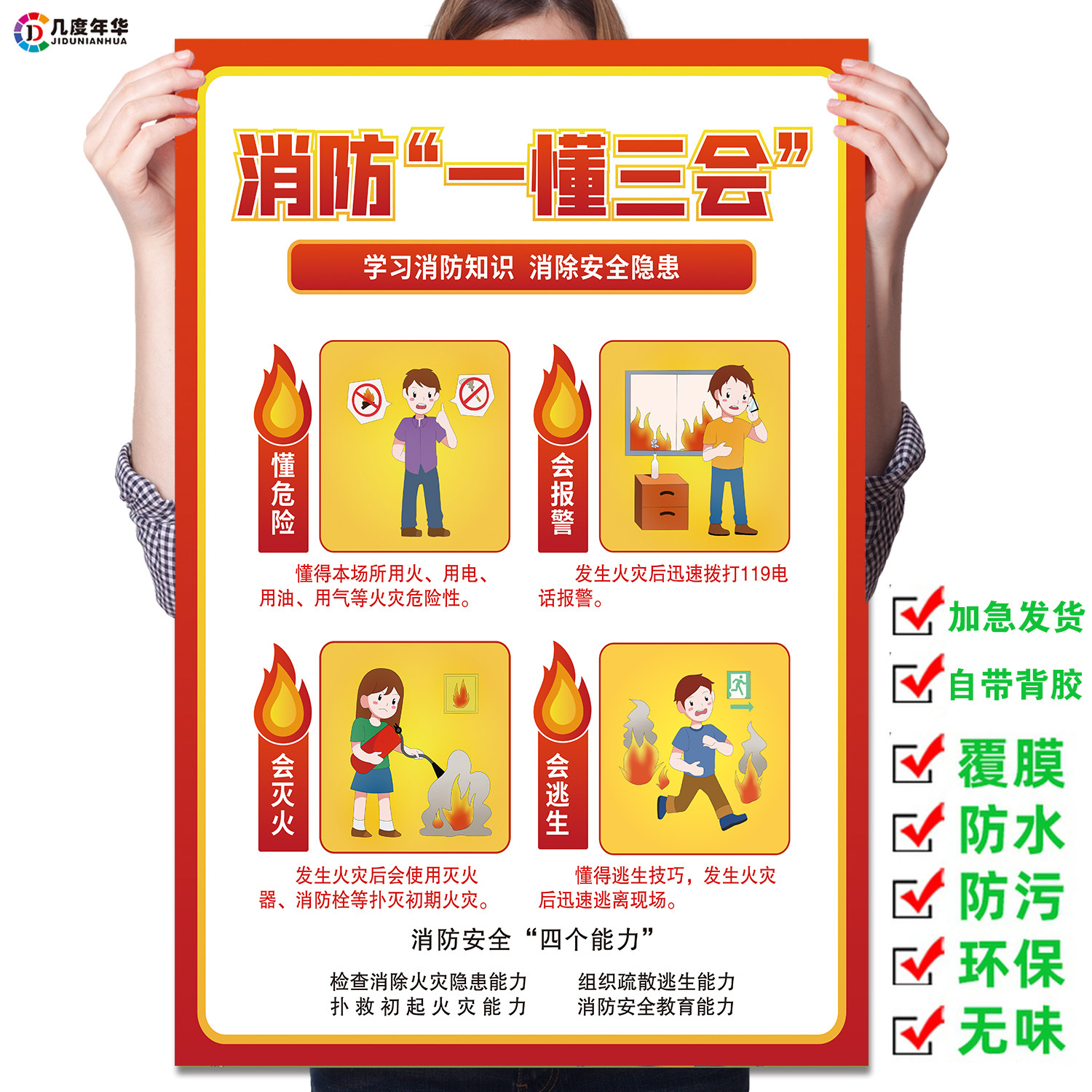 消防安全宣传海贴纸学校公司消防一懂三会四个能力建设三提示挂图