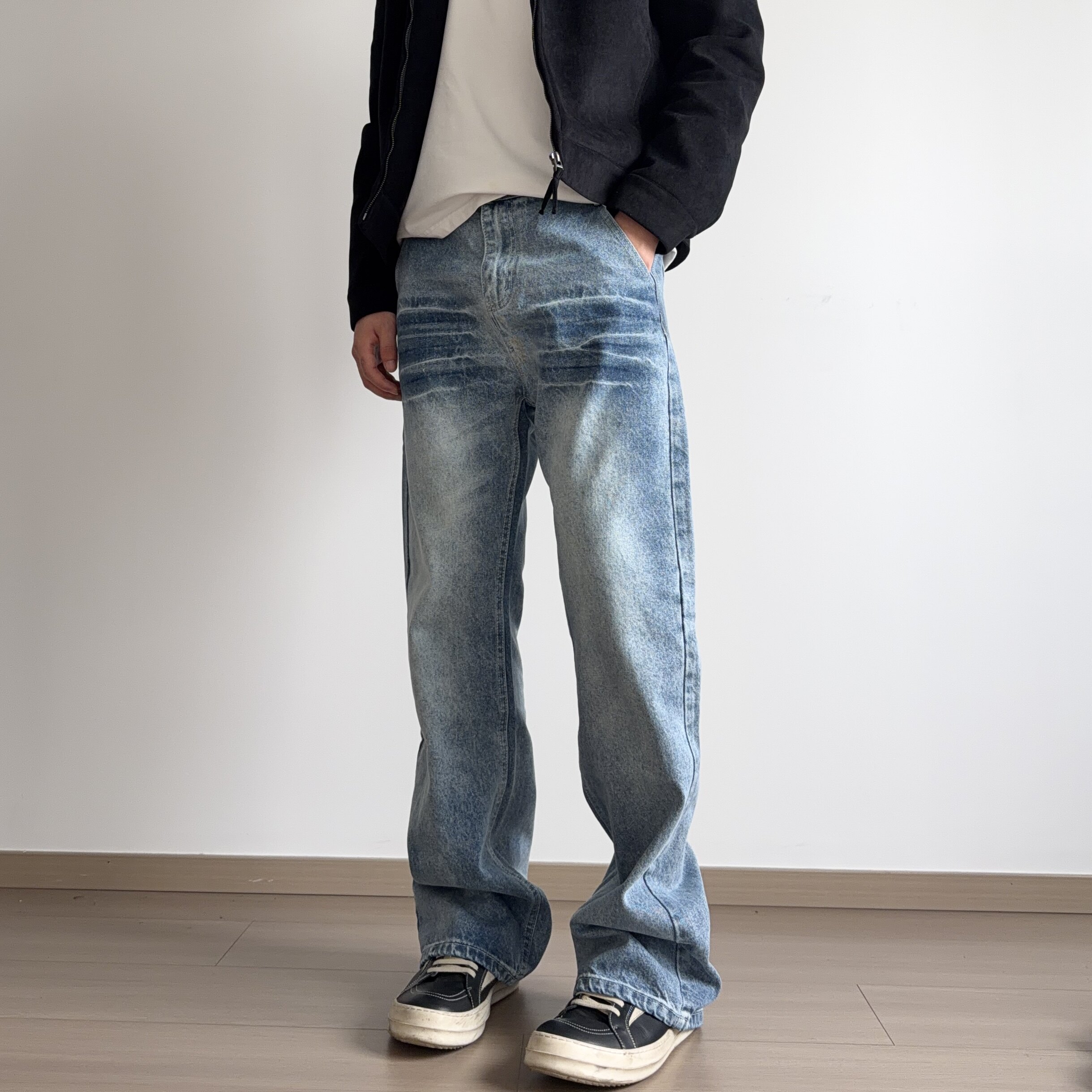 soxiox修身微喇牛仔裤男款窄版直筒显瘦美式vibe高街cleanfit裤子