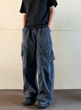 soxiox秋季vintage美式阔腿工装裤男女直筒宽松口袋oversize裤子