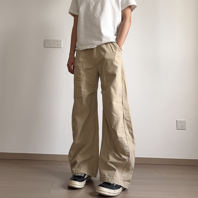 侧拉链口袋卡其色工装弯刀裤