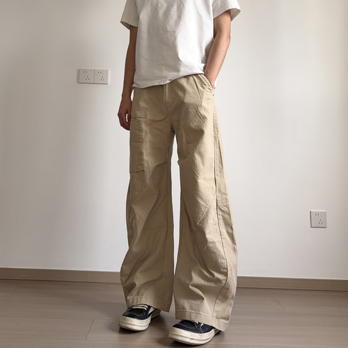 侧拉链口袋卡其色工装弯刀裤