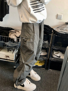 soxiox美式oversize束脚工装裤男女春夏复古宽松阔腿抽绳伞兵裤子