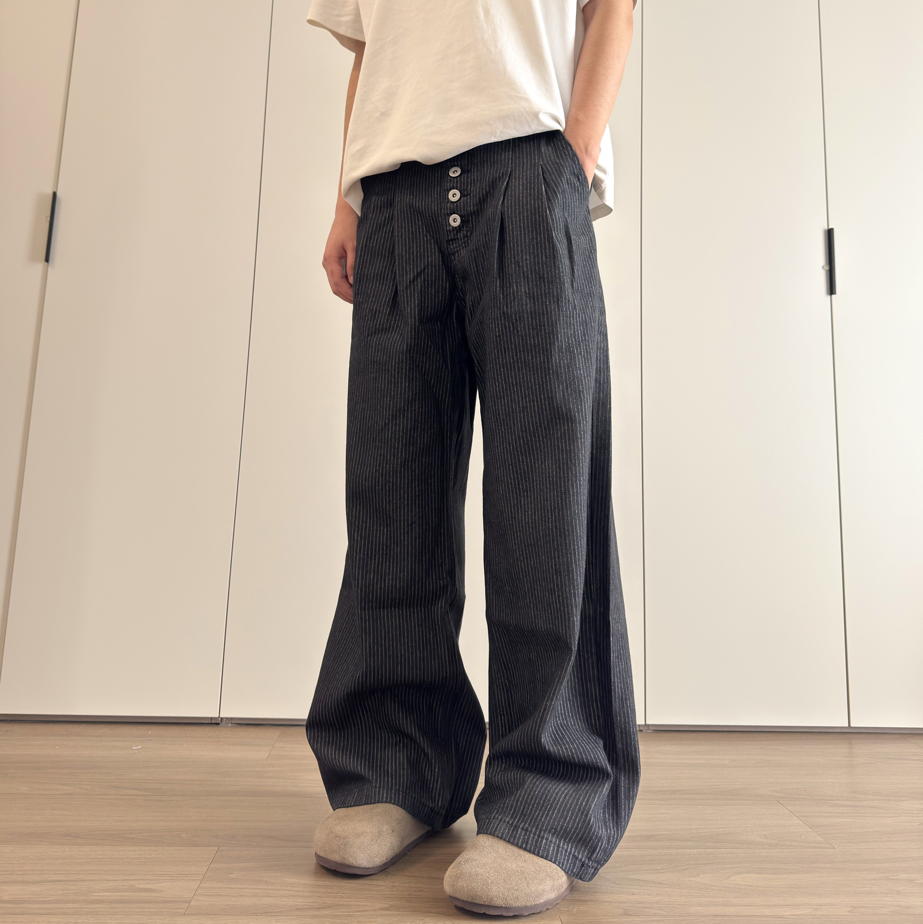 soxiox夏季打褶a字版型条纹牛仔西裤男女直筒阔腿慵懒松弛感裤子