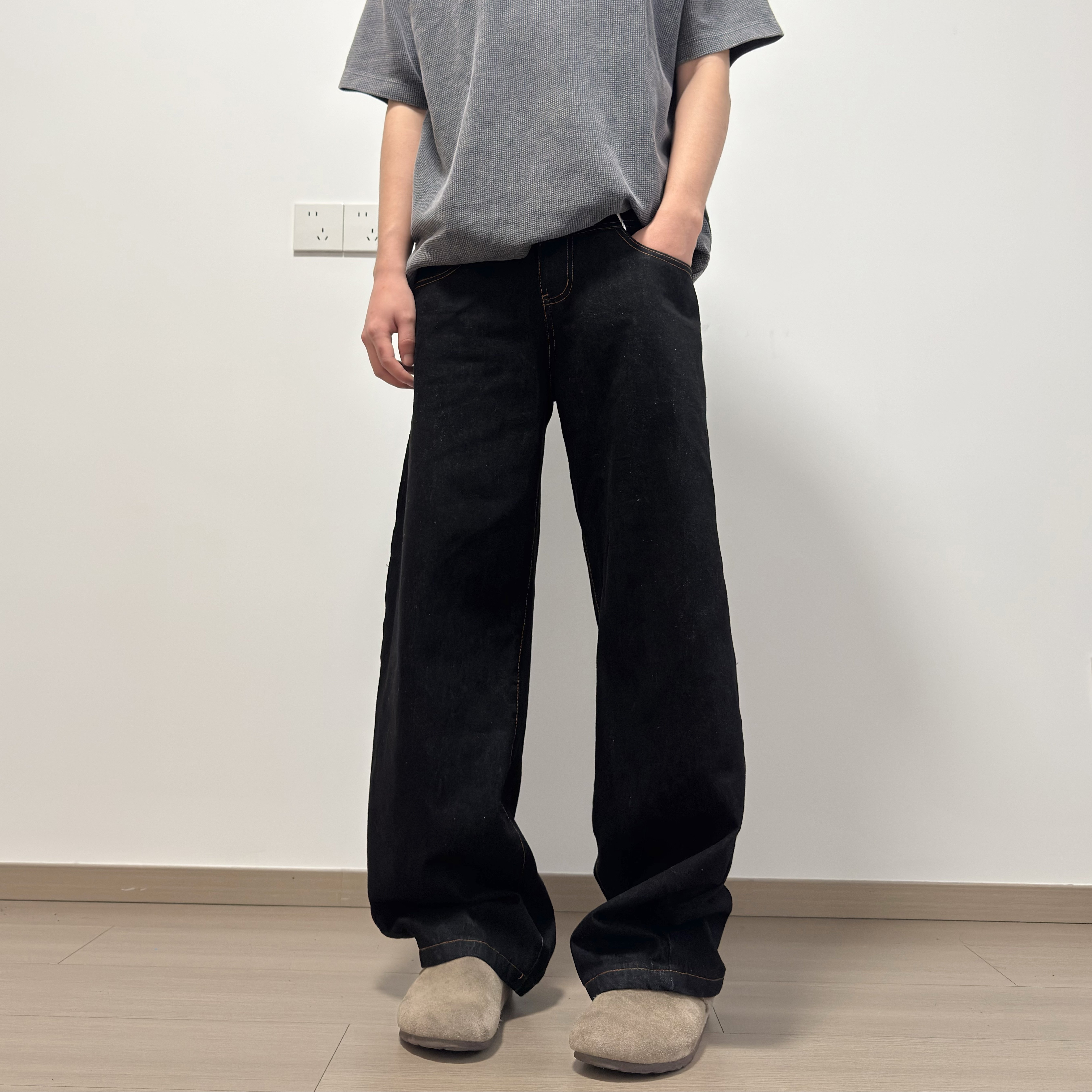 soxiox夏季黑色美式复古垂感弯刀牛仔裤男女款宽松高级感阔腿裤子