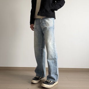 soxiox美式浅色牛仔裤男夏薄款直筒修身窄版复古高街cleanfit裤子