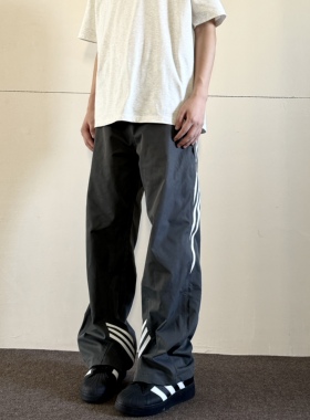 soxiox秋冬美式条纹休闲裤男女直筒宽松复古松紧腰机能工装裤子潮