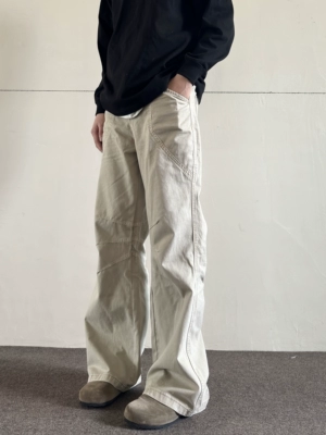 soxiox夏季卡其色美式工装牛仔裤男女宽松cleanfit做旧微喇裤子薄
