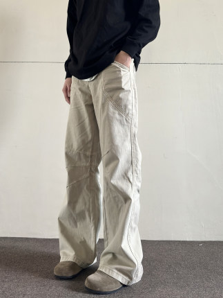 soxiox夏季卡其色美式工装牛仔裤男女宽松cleanfit做旧微喇裤子薄