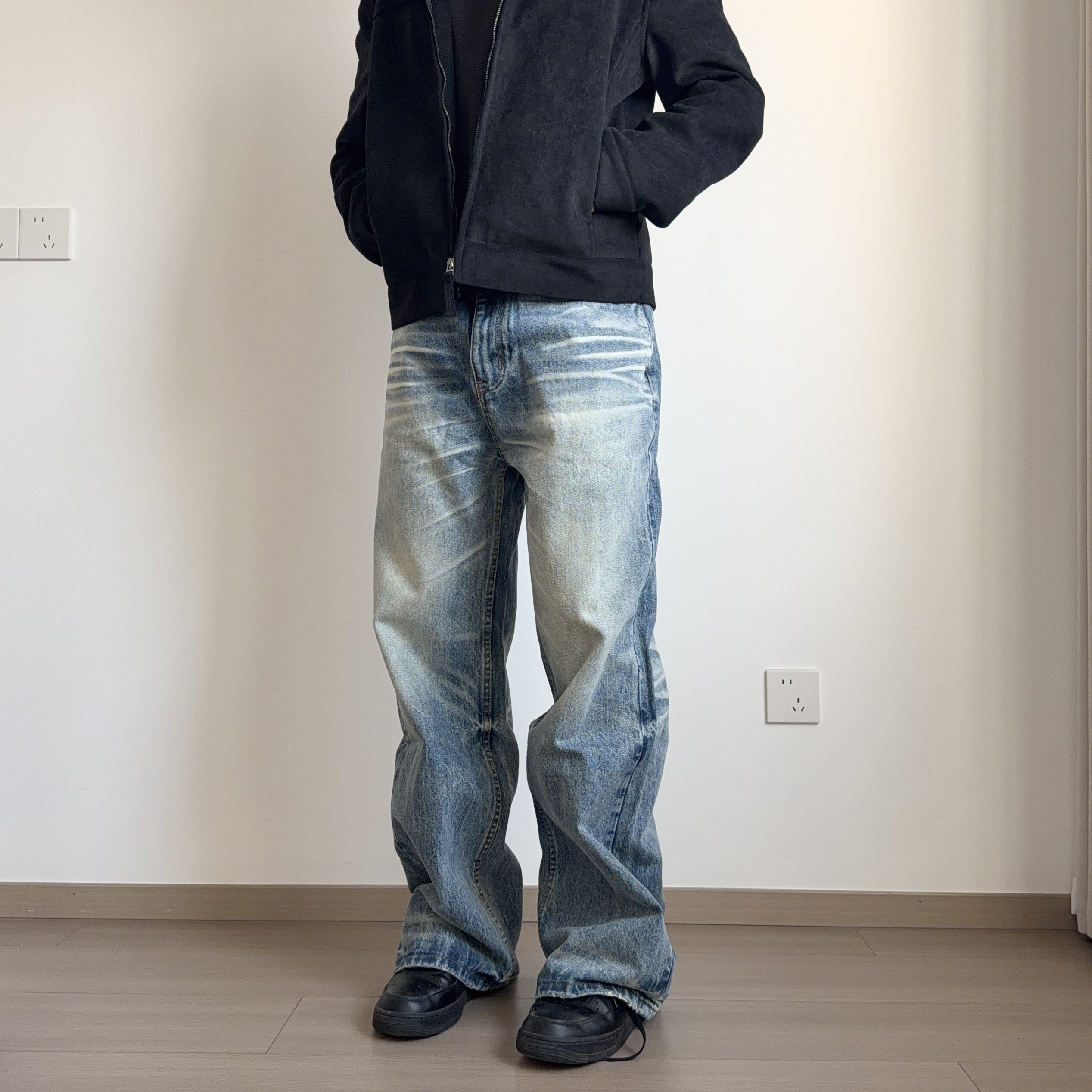 soxiox复古vintage牛仔裤男女窄版直筒水洗美式春季vibe高级裤子