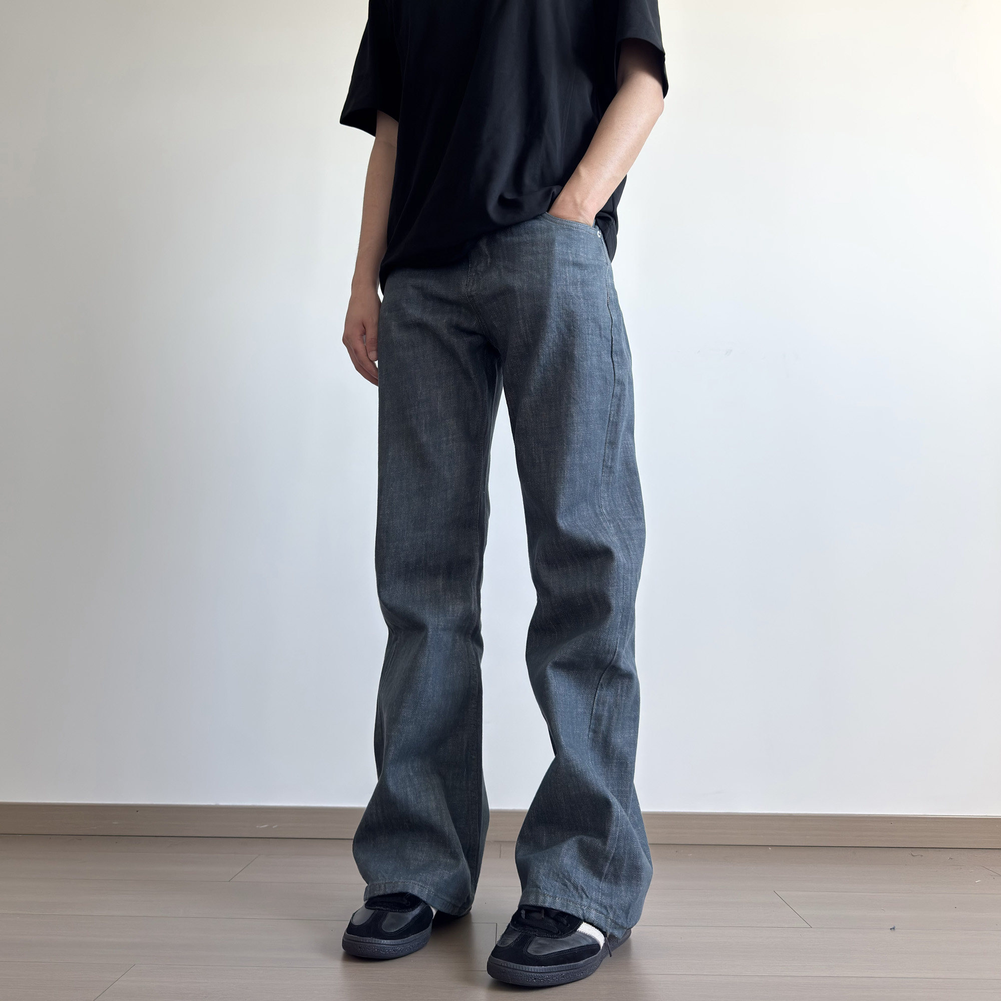 soxiox湖水绿纯棉原牛男款修身显瘦美式cleanfit男生微喇牛仔裤子