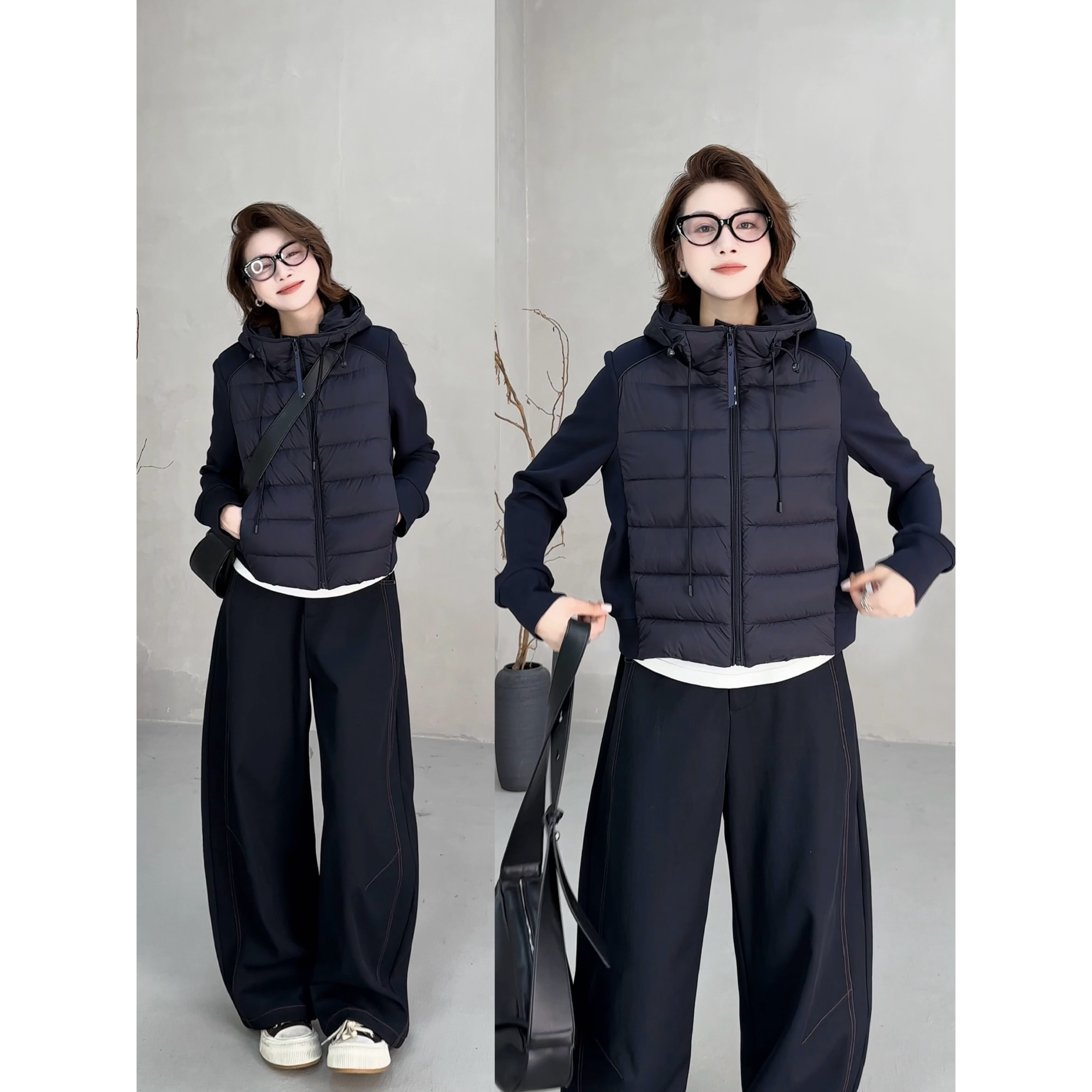 月月 2025秋冬超好看小众拼接手袖连帽修身羽绒服外套女2510C6445