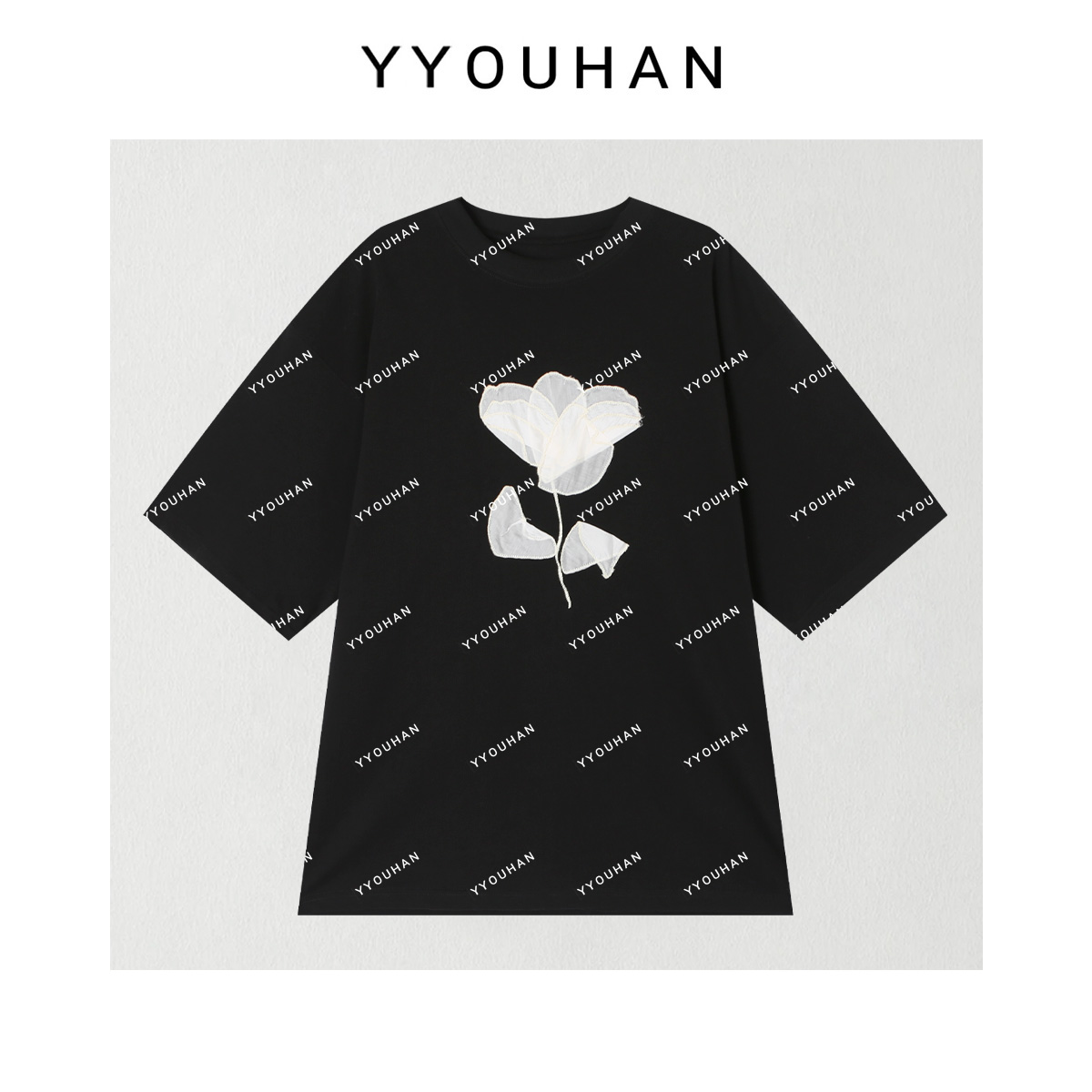 YYOUHAN 2025新款【黑色玫瑰T】极简风刺绣拼色百搭T恤 2507C3944