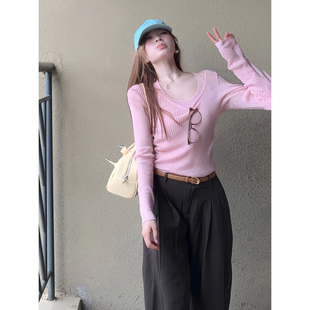 修身 现货 温柔内搭打底衫 粉色假两件针织衫 甜辣妹上衣女 女早秋季