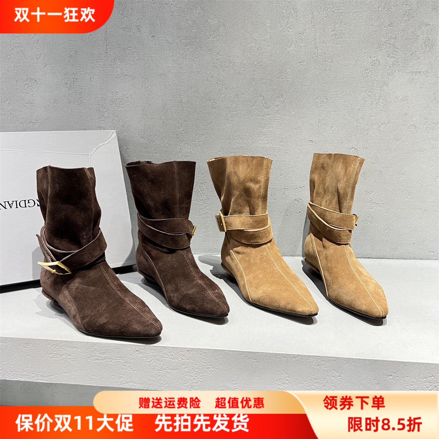 真皮磨砂皮扣带坡跟短靴马丁靴潮