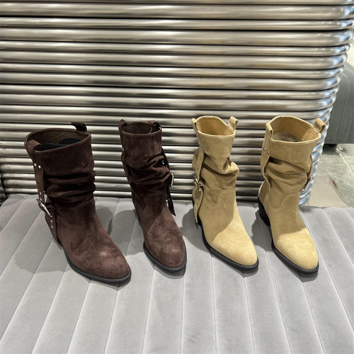 乐魔真皮磨砂皮堆堆短靴马丁靴潮