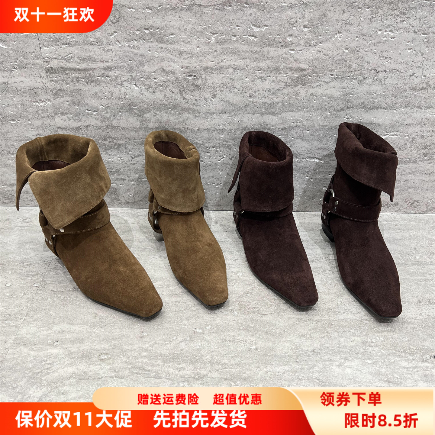 真皮方头粗跟磨砂皮短靴马丁靴潮