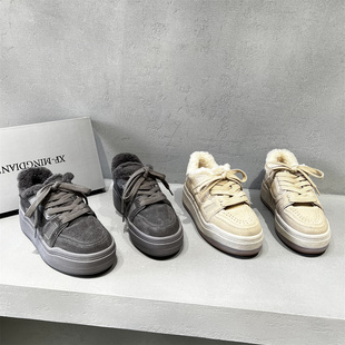 欧洲站女鞋2025冬新款欧货真皮厚底加绒保暖运动鞋松糕底休闲板鞋