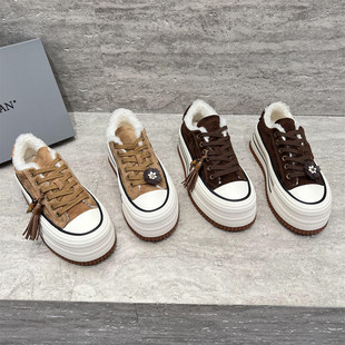 欧洲站女鞋2025冬新款真皮系带厚底羊毛保暖运动鞋松糕底休闲板鞋